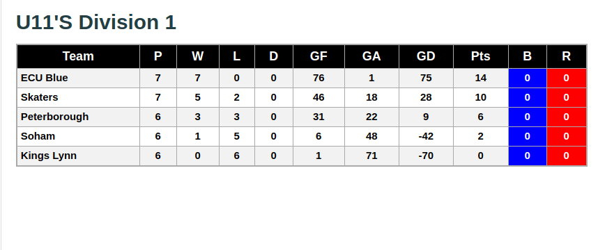 U11s Division 1 12th January 2019 League Standings