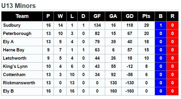 U13 League Standings 23rd April 2016