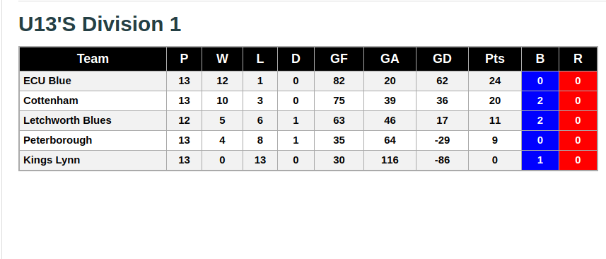 U13's Division 1 27th January 2019 League Standings