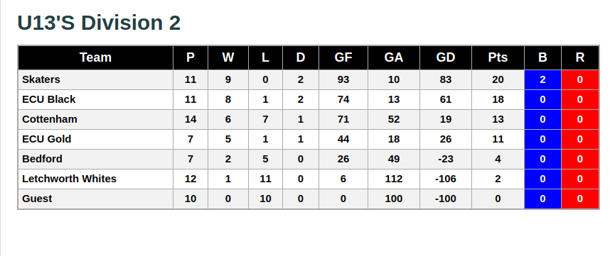U13s Division 2 26th January 2019 League Standings