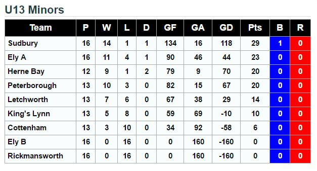 U13's League Standings 21st May 2016