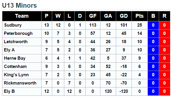 u13's League Standings 30th January 2016