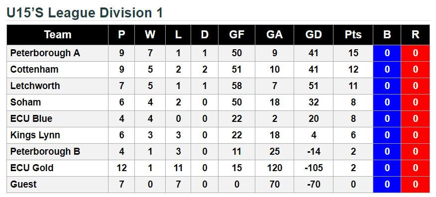 u15 13th January 2018 League Standings